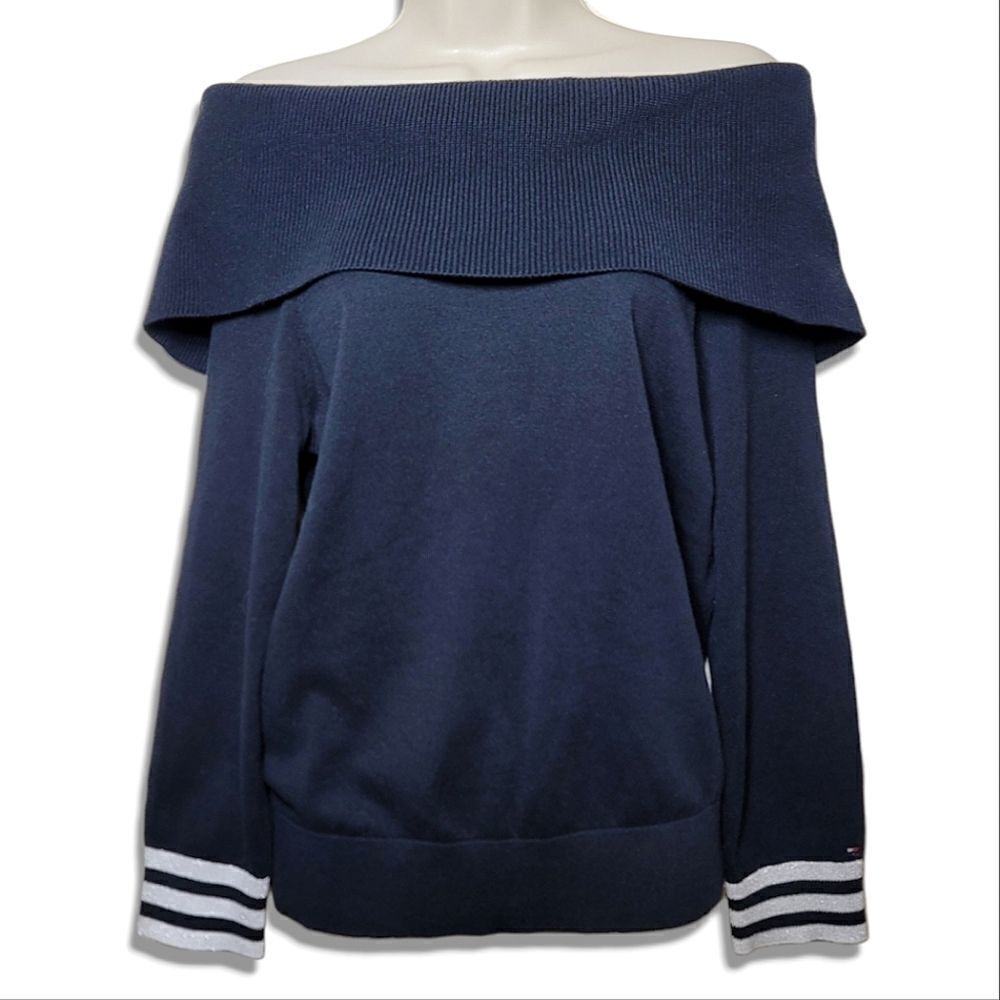 Tommy Hilfiger Sky Captain Navy Cowl Neck Off-The-Shoulder Ribbed Sweater